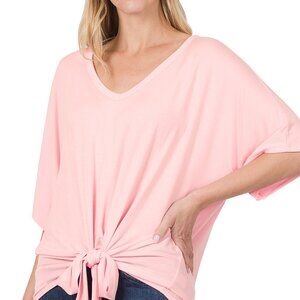 Zenana luxe rayon v-neck tie front top